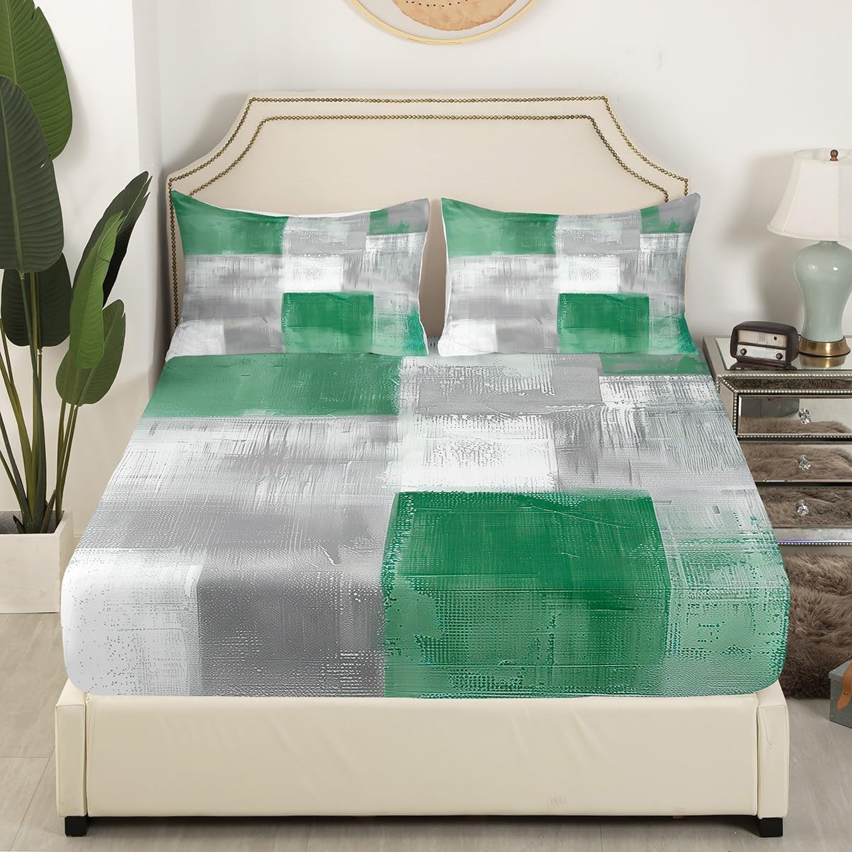Erosebridal Green Gray Oil Painting Bed Sheets Grey Aesthetic Fitted Sheet Full Size, Retro Grunge Tie Dye Bedding Watercolor Abstract Sheet, Ombre Gradient Bed Cover (Deep Pocket)