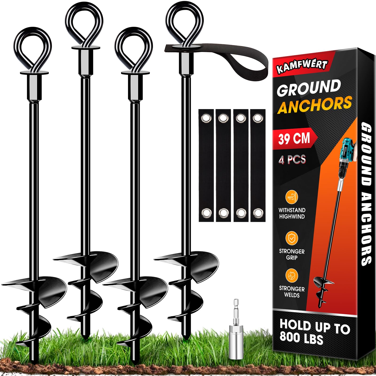 Kit d'ancrage pour trampoline et tentes avec sangles de fixation robustes | Lot de 4