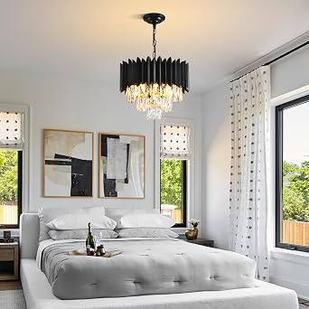 Modern Crystal Chandeliers 3-Tier K9 Round Crystal Chandeliers Light Fixture Small Black Ceiling Light Fixture for Dining Room Living Room Bedroom Entryway ，E14*5Light [Energy Class G]