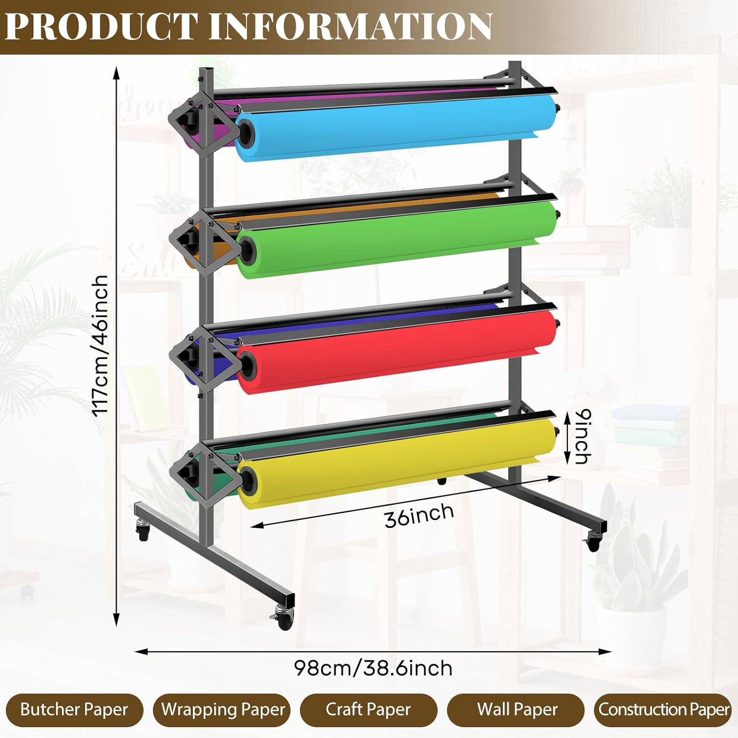 Condition photo showing New/Like New for landhoow large paper roll holder craft and cutter art paper roll holder for up to 8 roll 36 inch w x 9 inch dia use in classroom arts activity(gray)