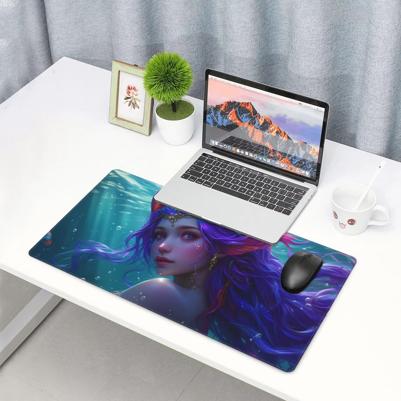 Gamingowa podkładka pod mysz XXL 1200 x 600 mm, fioletowa podkładka pod mysz, syrenka, duża, 120 x 60 cm, rozszerzona podkładka na biurko, akcesoria gamingowe z przyszytymi krawędziami, poprawiona