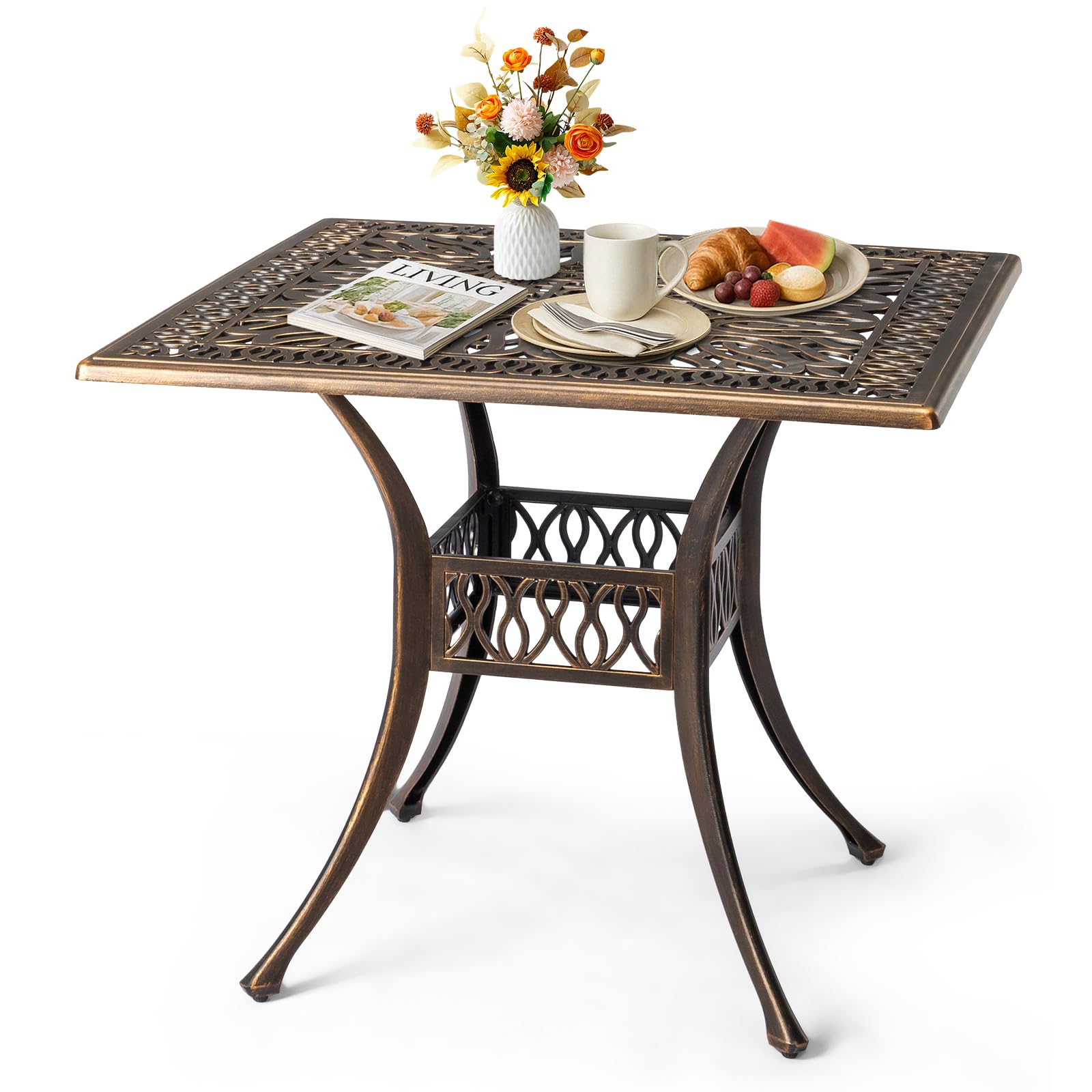 Outvita Patio Side Table, 35.4in Outdoor Square Cast Aluminum Bistro Table with Umbrella Hole and Antique Design for Backyard Porch Pool Balcony Deck