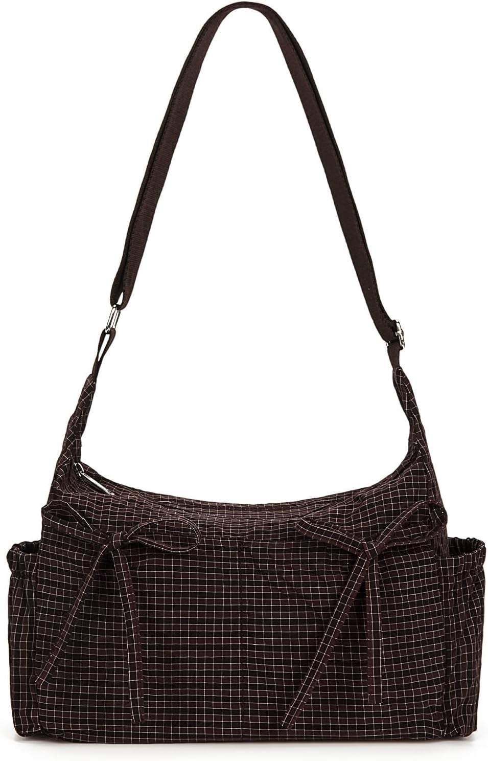 Plaid Shoulder Bags For Women Bow Crossbody Bag Soft Messenger Purse Zipper Handbag Adjustable Shoulder Straps
