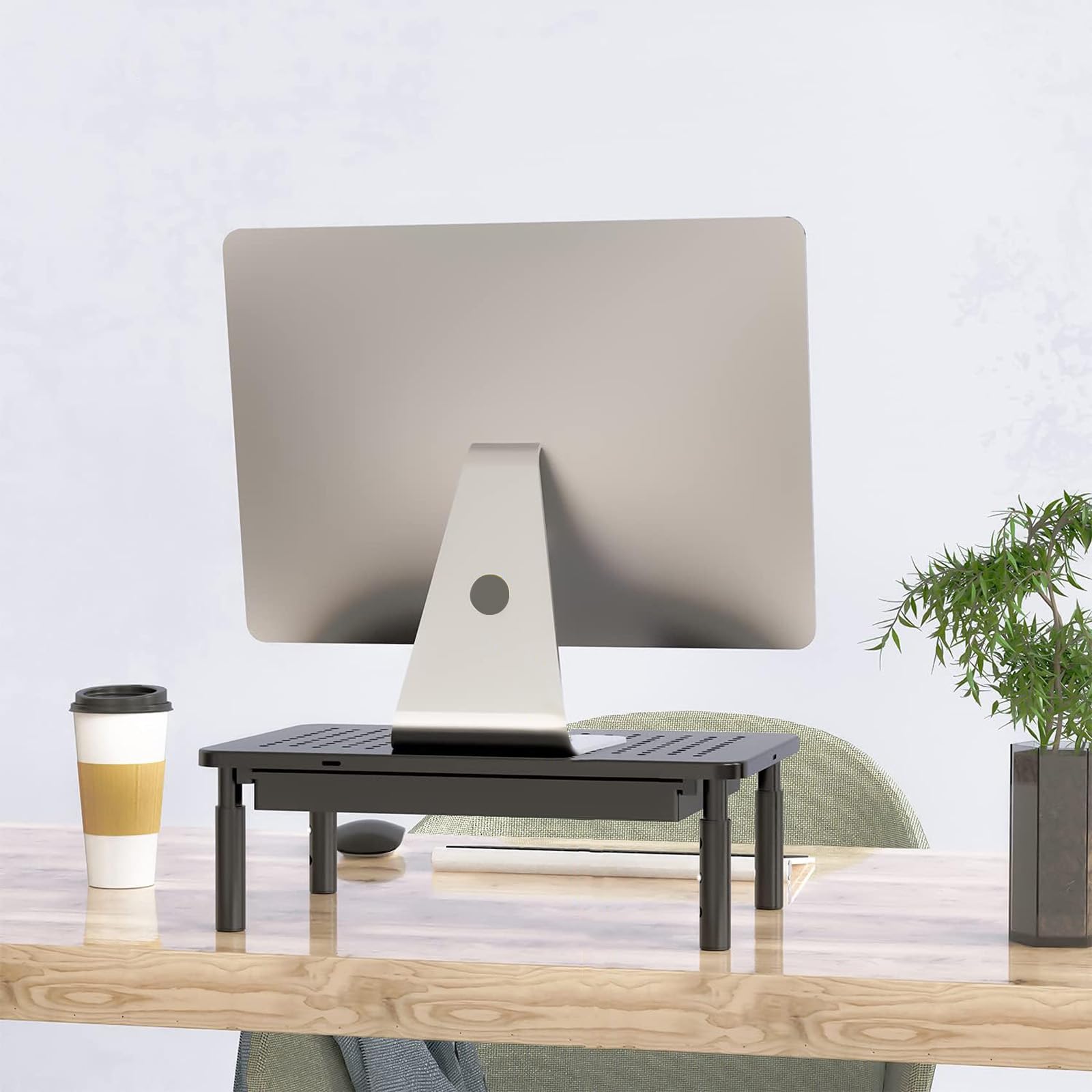 WALI Supporto per doppio monitor con contenitore, regolabile in altezza a 3 livelli, per laptop con prese d'aria, organizer da scrivania per computer, laptop, stampanti, notebook (STT003D-2B
