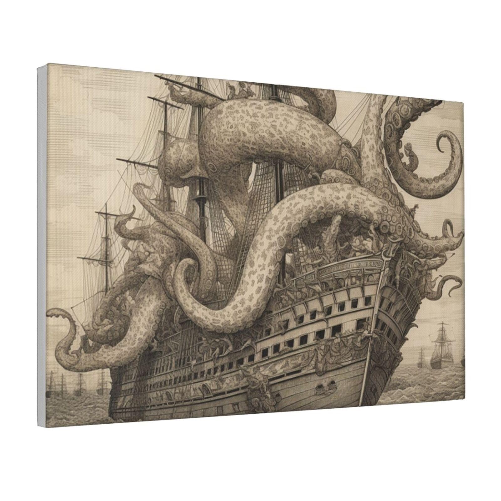 Framed Wall Art for Living Room Art Work, Sailing Pirate Octopus Picture Prints Modern Office Wall Paintings Poster Aesthetic Wall Decorations for Home Decor Ready To Hang 8"x12"