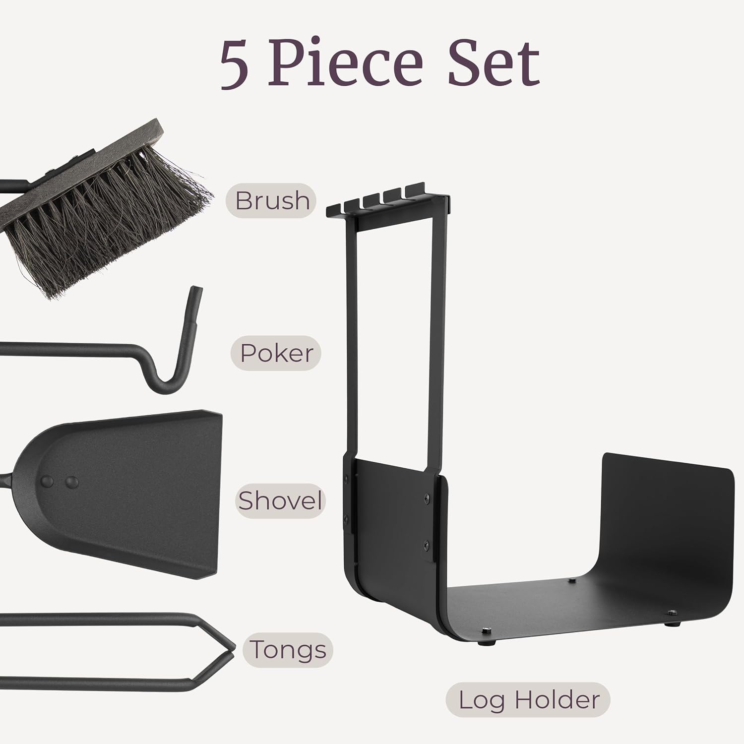 Lavish Home 5 Piece Fireplace Tools Set Indoor Outdoor -Fireplace Accessories Set with Poker, Brush, Shovel, and Firewood Rack Stand - Fire Tools for Fire Places, Firepits, and Woodstoves (Black)