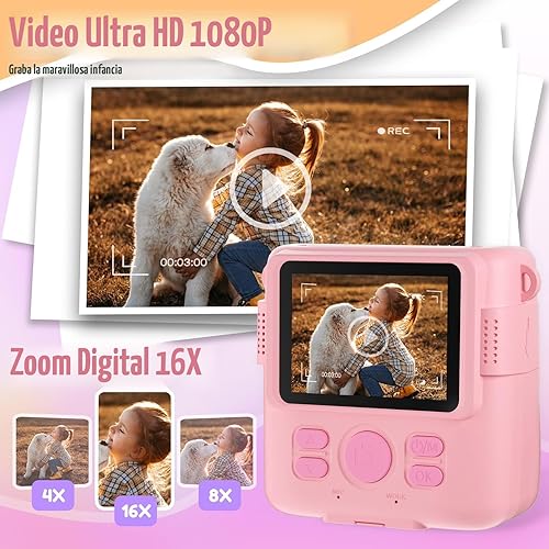 Miniatura 4 de Cámara de impresión instantánea para niños, regalos de cumpleaños de Navidad para niñas y niños de 3 a 12 años, cámaras de video digitales HD para