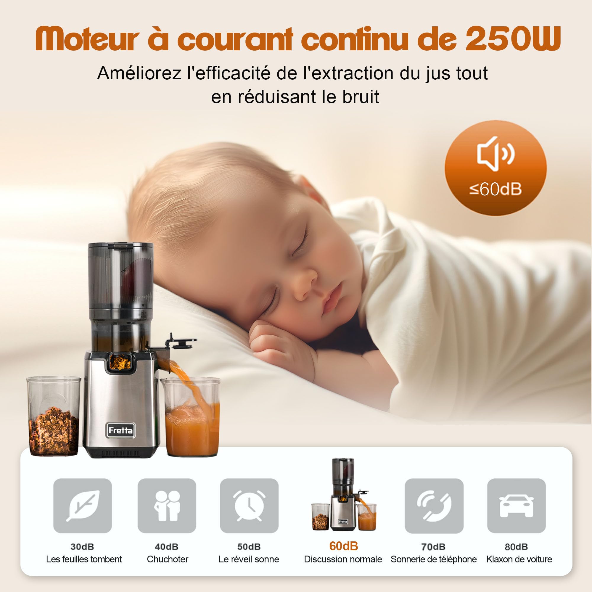 Fretta Extracteur de Jus à Mastication Lente 250W, Grande Goulotte 135mm, Sans BPA, Acier Inoxydable