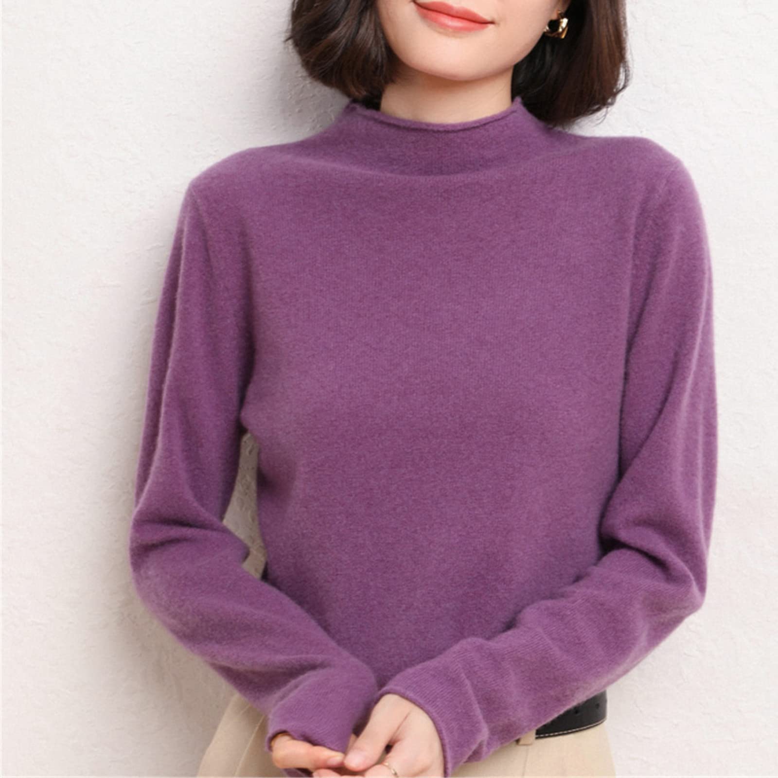 Kelsiop Pull en cachemire pour femme - Col roulé - 100 % laine - Haut tricoté - Grande taille, Rouge, L