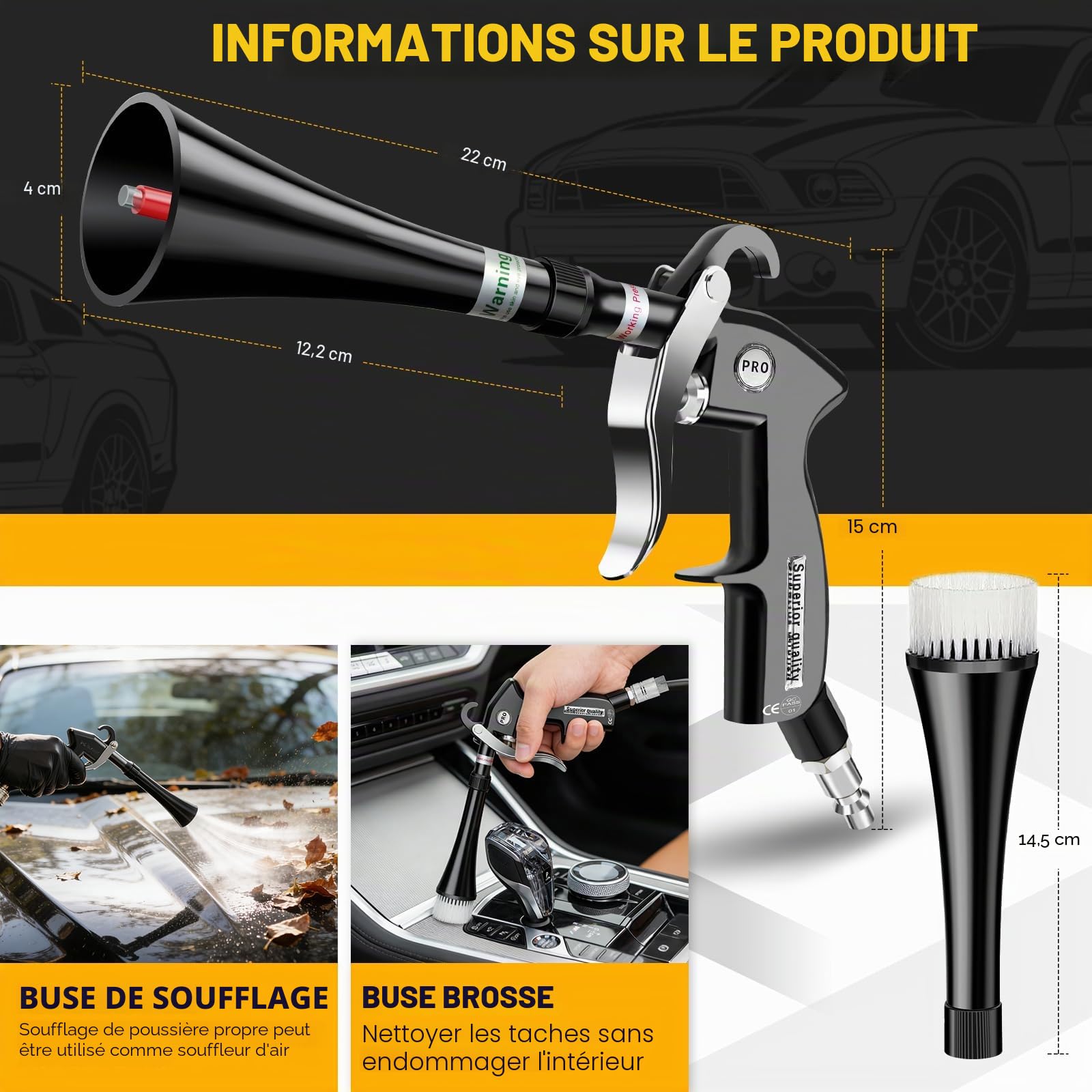 Pistolet de nettoyage à sec, pistolet de nettoyage pour l'intérieur de voiture, séchoir d'intérieur, outils d'entretien automobile avec 2 buses 2 tuyaux en plastique pour éliminer la saleté