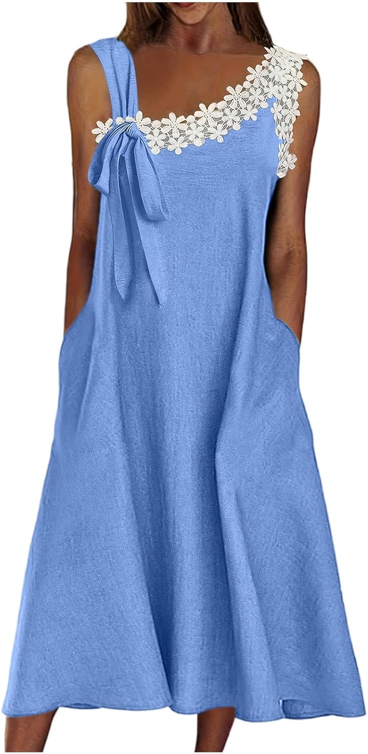 Womens Linen Dress Summer Sleeveless Lace Trim Formal Dresses Swing V Neck a Line Midi Beach Sundresses with Pockets