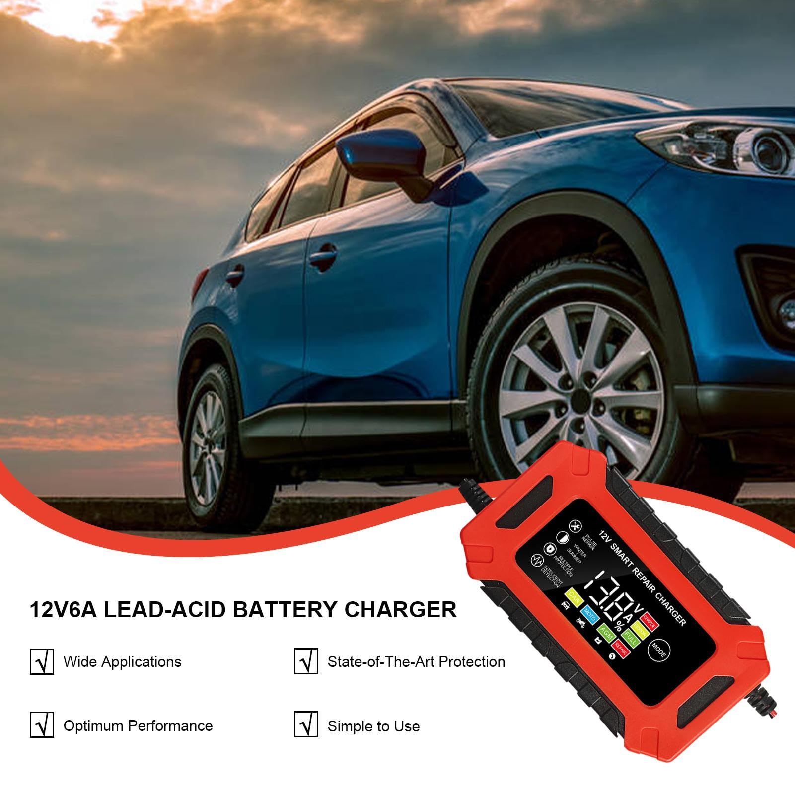 Caricabatterie intelligente da 12 V - 6 A completamente automatico gestore della batteria con compensazione della temperatura | Caricatore a goccia per moto, auto, tosaerba, barca |