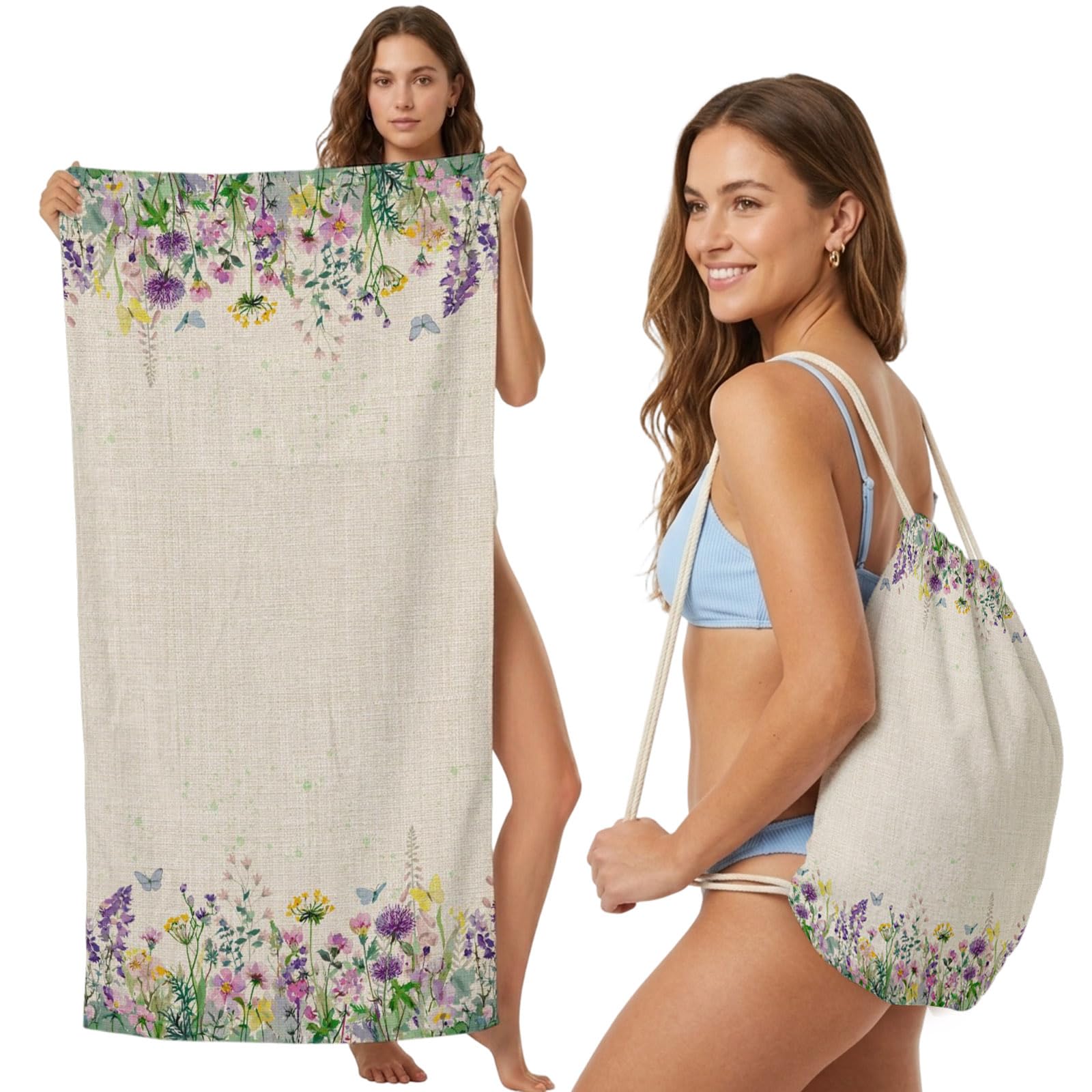 FWJZDSP Beach Towel Backpack, Watercolor Flower Lavender on Linen 2-in-1 Foldable Soft Microfiber Quick Dry Beach Towel 31.5x63in Spring Daisy Plant Lightweight Pool Towels Bag for Travel, Yoga, Gym