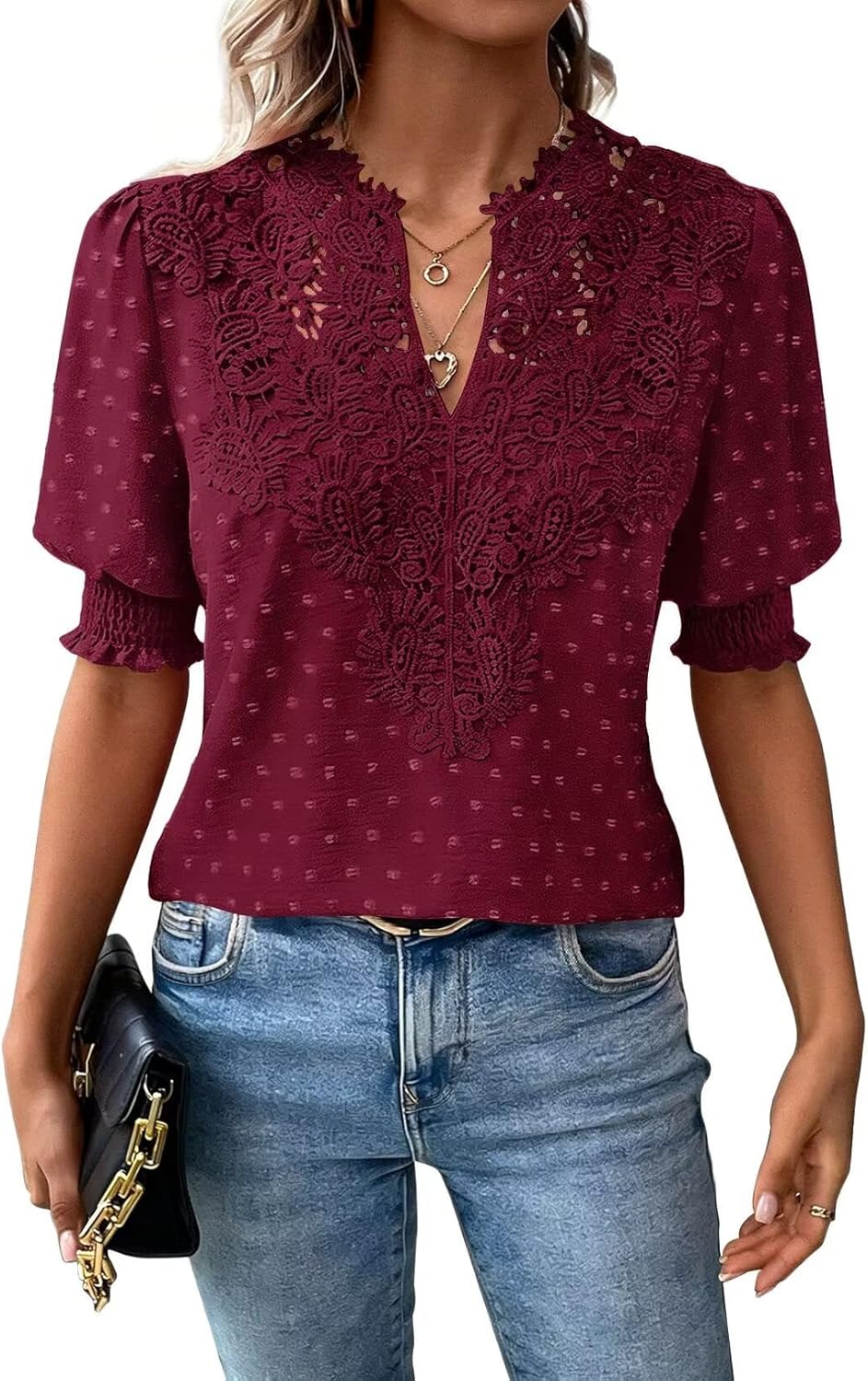 Womens Summer Tops Boho Short Sleeve Shirts V Neck Casual Chiffon Blouses Flowy Lac...