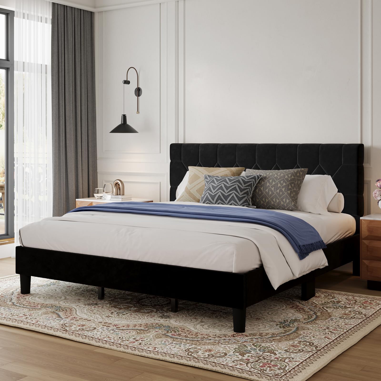 Avenco King Size Bed Frame Upholstered Platform Bed Frame with 3-Height Adjustable Headboard Easy Tool-Free Assembly Under Bed