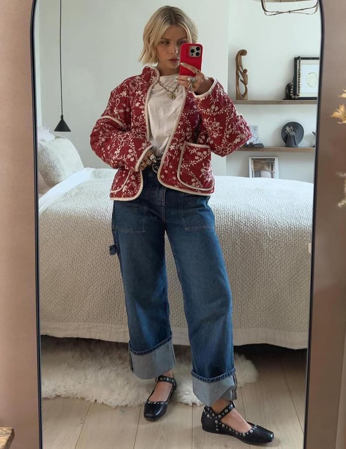 Yimoon Women's Cropped Puffer Quilted Jacket Vintage Floral Print Open Front Lightweight Short Jacket Outerwear - Image 3