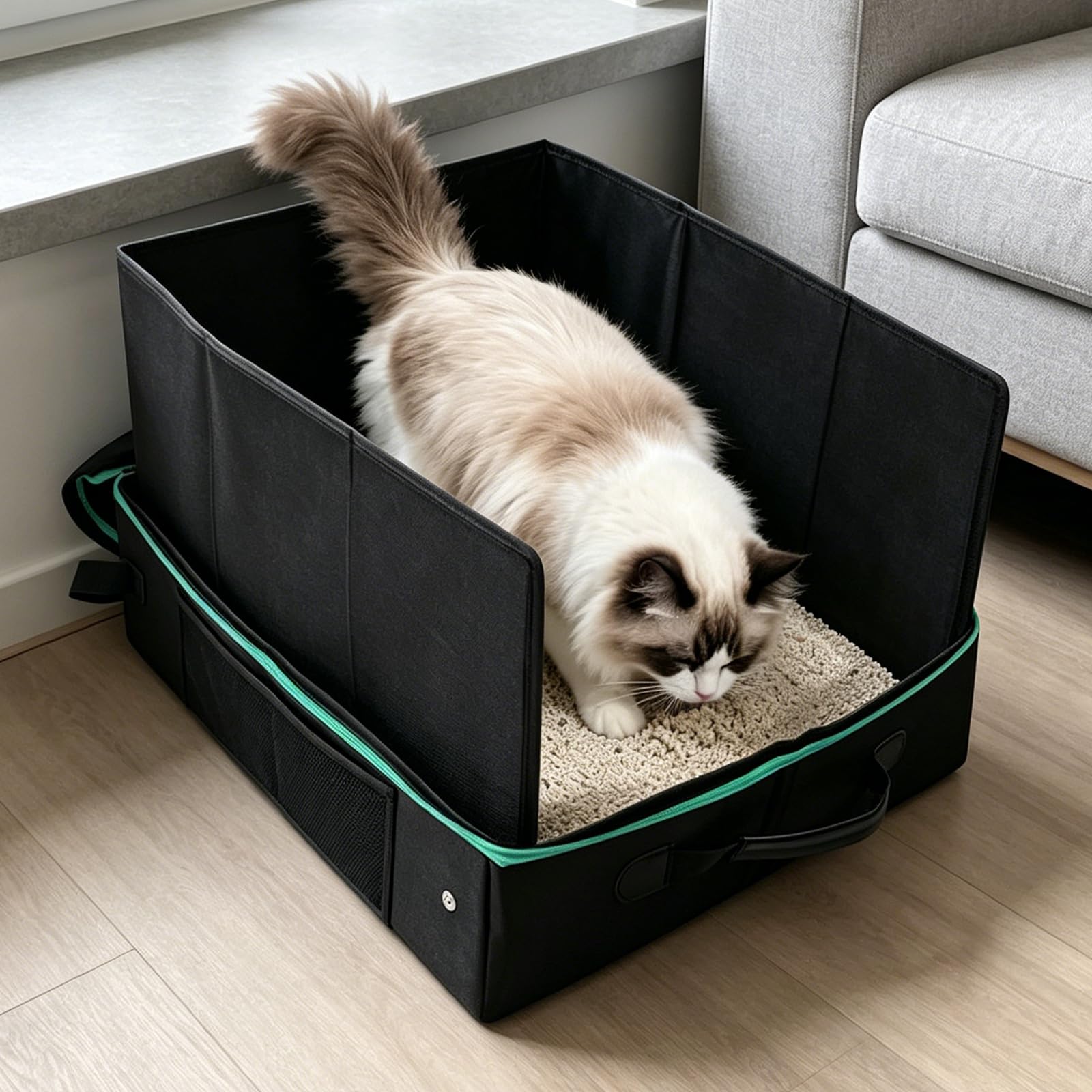 Bac À Litière De Voyage, Bac Litiere pour Chat Portable Et Pliable, Caisse Chat Litiere Et Portable, Litiere De Voyage en Tissu Oxford, Le Camping, Pliable, Étanche, 50 X 40 X 28 Cm,Noir