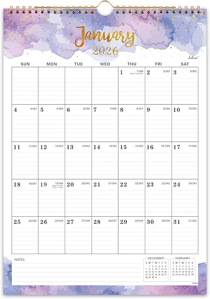 2026 Calendar - 2026 Wall Calendar - Large Calendar 2026, 12" x 17", Jan 2026 - Dec 2026, Twin-Wire Binding, Hanging Hook, Blocks and Julian Dates - Colorful Waterink