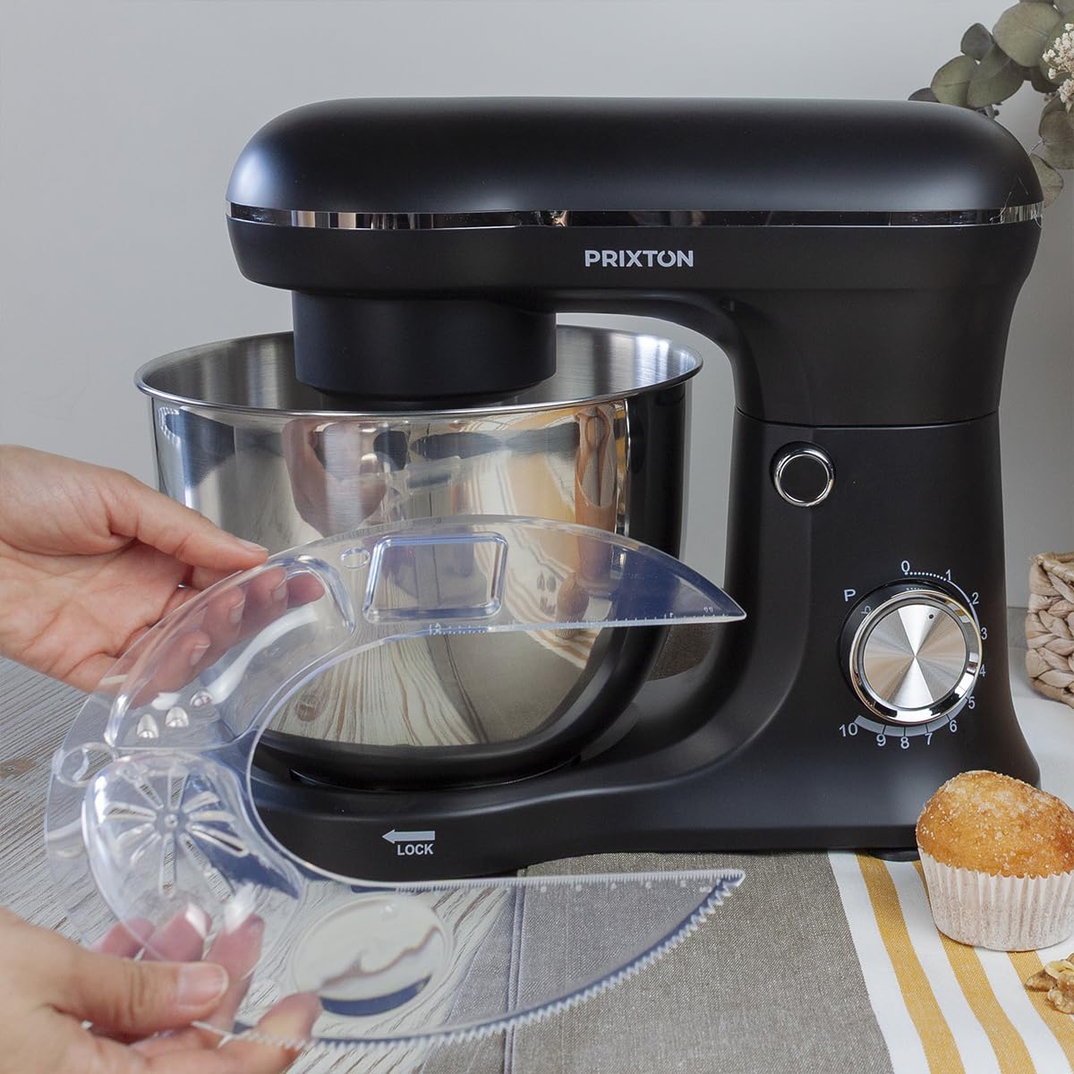 PRIXTON Batidora Amasadora KR250 para Repostería, Potencia 1500W, 10 Velocidades, Bol Acero Inoxidable de 5 litros, 3 accesorios, Tapa Transparente, Color Negro Mate