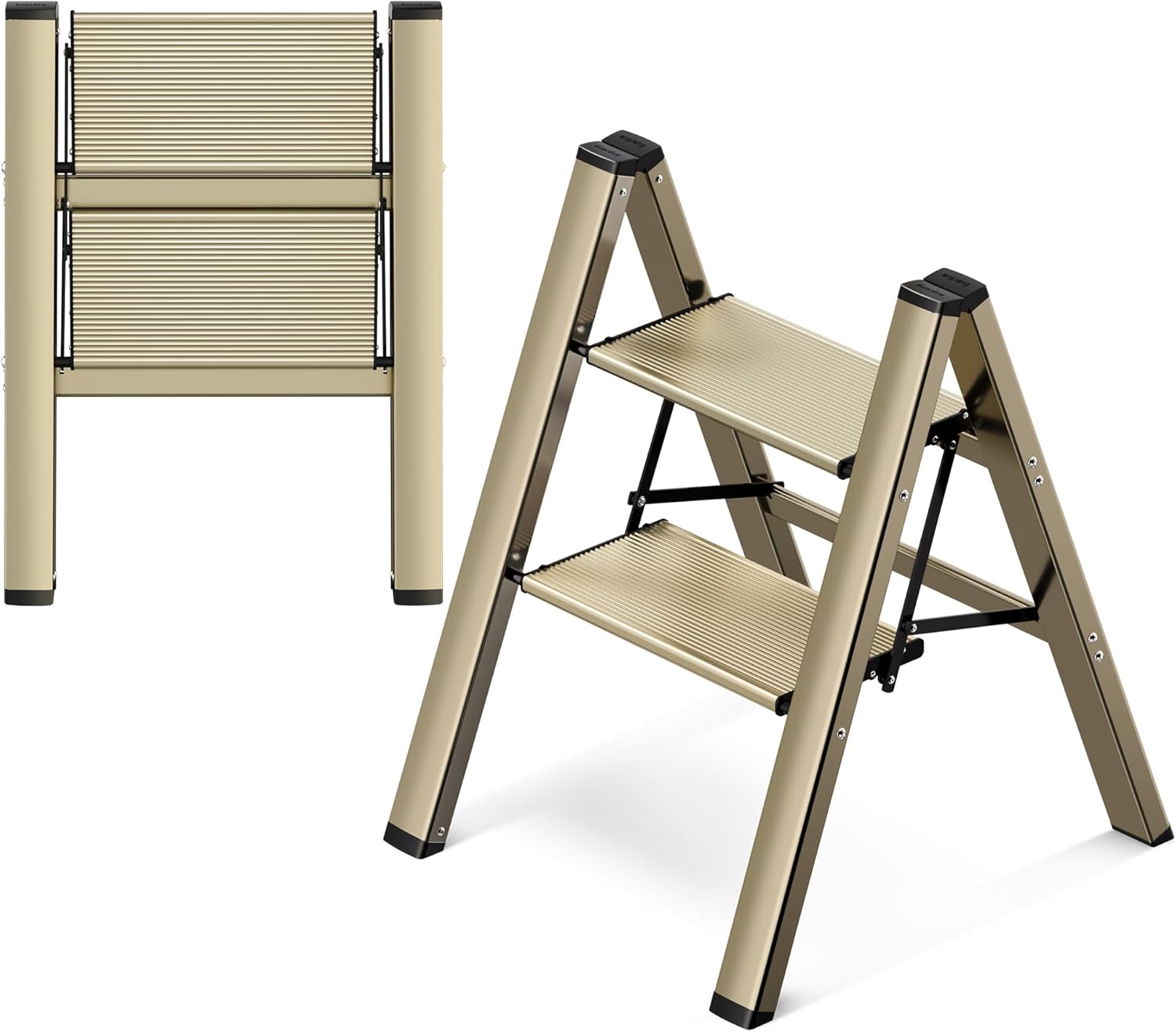 GameGem 2 Step Ladder, Aluminum Folding Step Stool with Anti-Slip Sturdy and Wide Pedal, Lightweight Portable Stepladder for Home and Kitchen Use Space Saving, 330 lbs, Champagne Gold Champagne Gold 2 Step