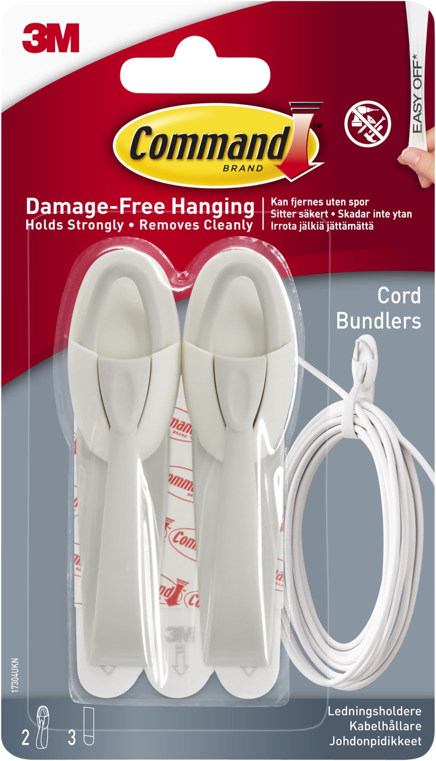 Command Cord Bundlers, White - 2 Bundlers, 3 Adhesive Strips - Damage Free Hanging