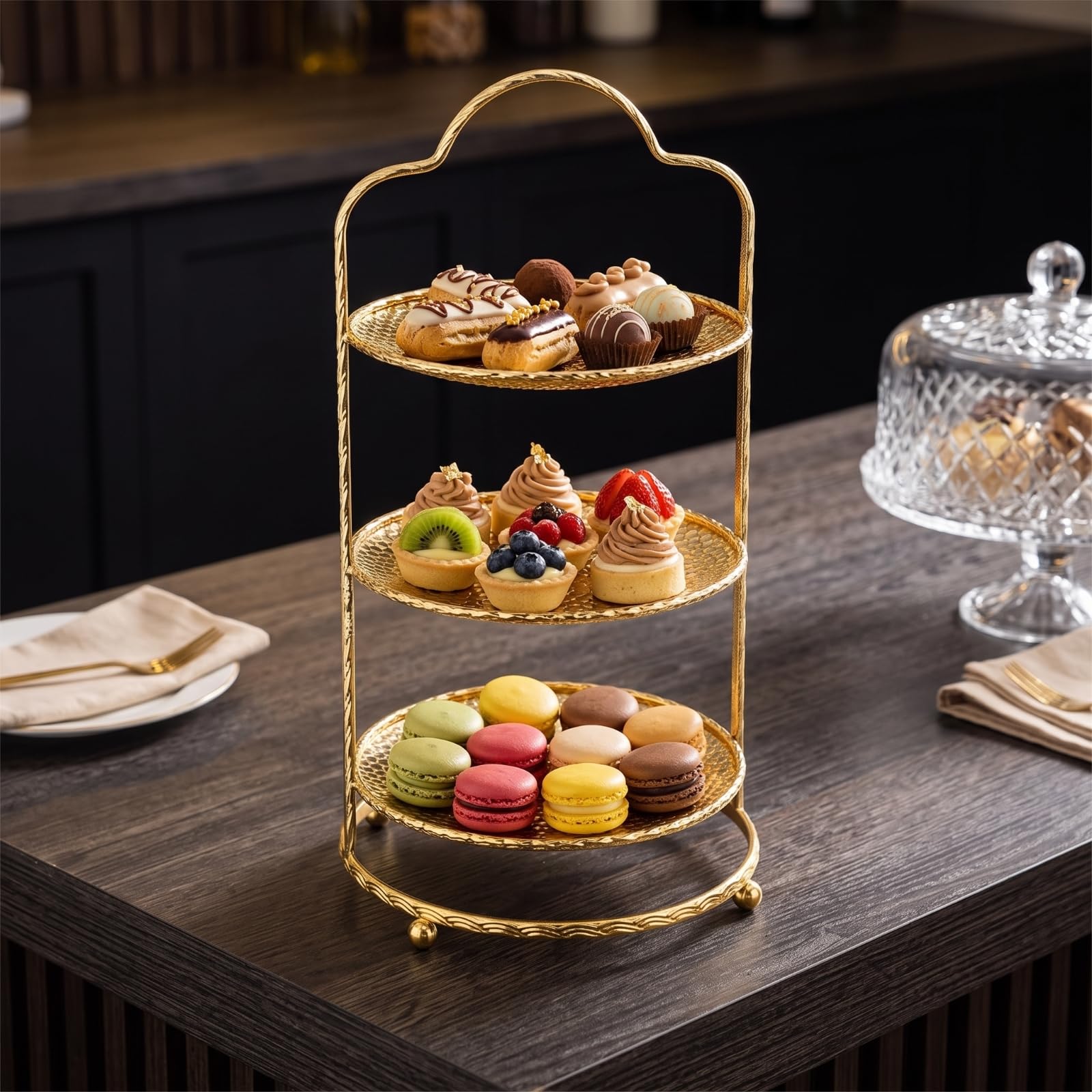 Alzata in Metallo con Vassoio Traforato Decorativo Piatto da Portata Stile Europeo per Buffet, Pasticceria, Tavola , Oro , Grande Un Piano