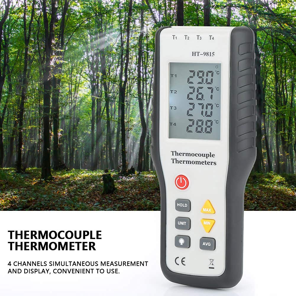 Digitales Thermometer, ° F, ° C, K-Temperaturmesser, 4-Kanal-Thermoelement-Sensorthermometer vom Typ K, digitales LCD-Display mit Hintergrundbeleuchtung für Luft- und Oberflächentemperaturen