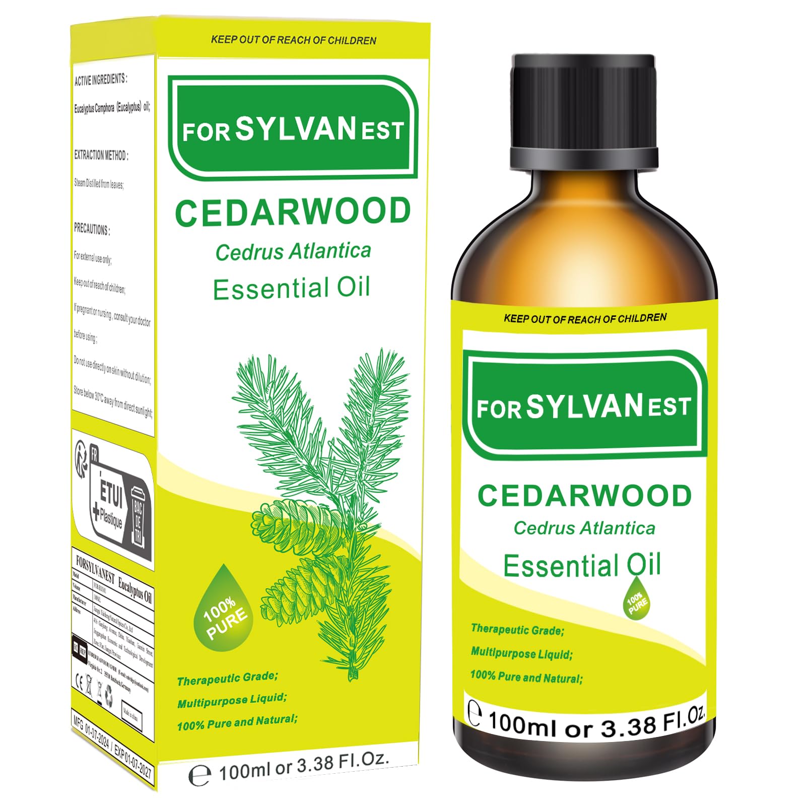 FORSYLVANEST Aceite de Cedro 100 ml – Aceite de Cedro 100 % Natural para el Crecimiento del Cabello, Cuidado de la piel, Aromaterapia, Difusores, Humidificadores y Baño