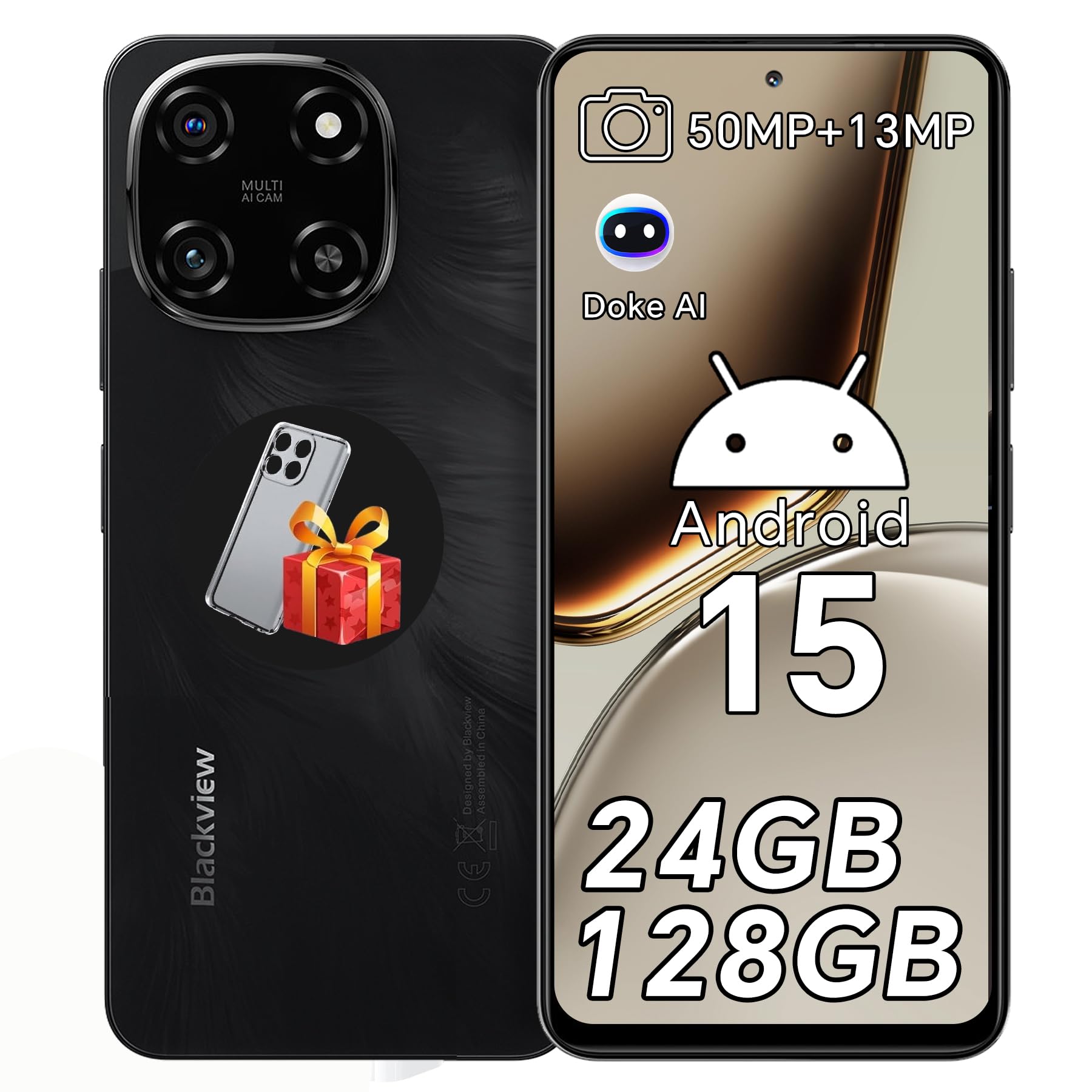Blackview Handy Ohne Vertrag 24GB+128GB/2TB TF, MTK G81 Octa Core 2.0GHz, Android 15, 6.67" 90Hz, 50MP+13MP, Smartphone, 5000mAh/18W, Dual SIM Handys/Fingerabdruck/Face ID/GPS/OTG