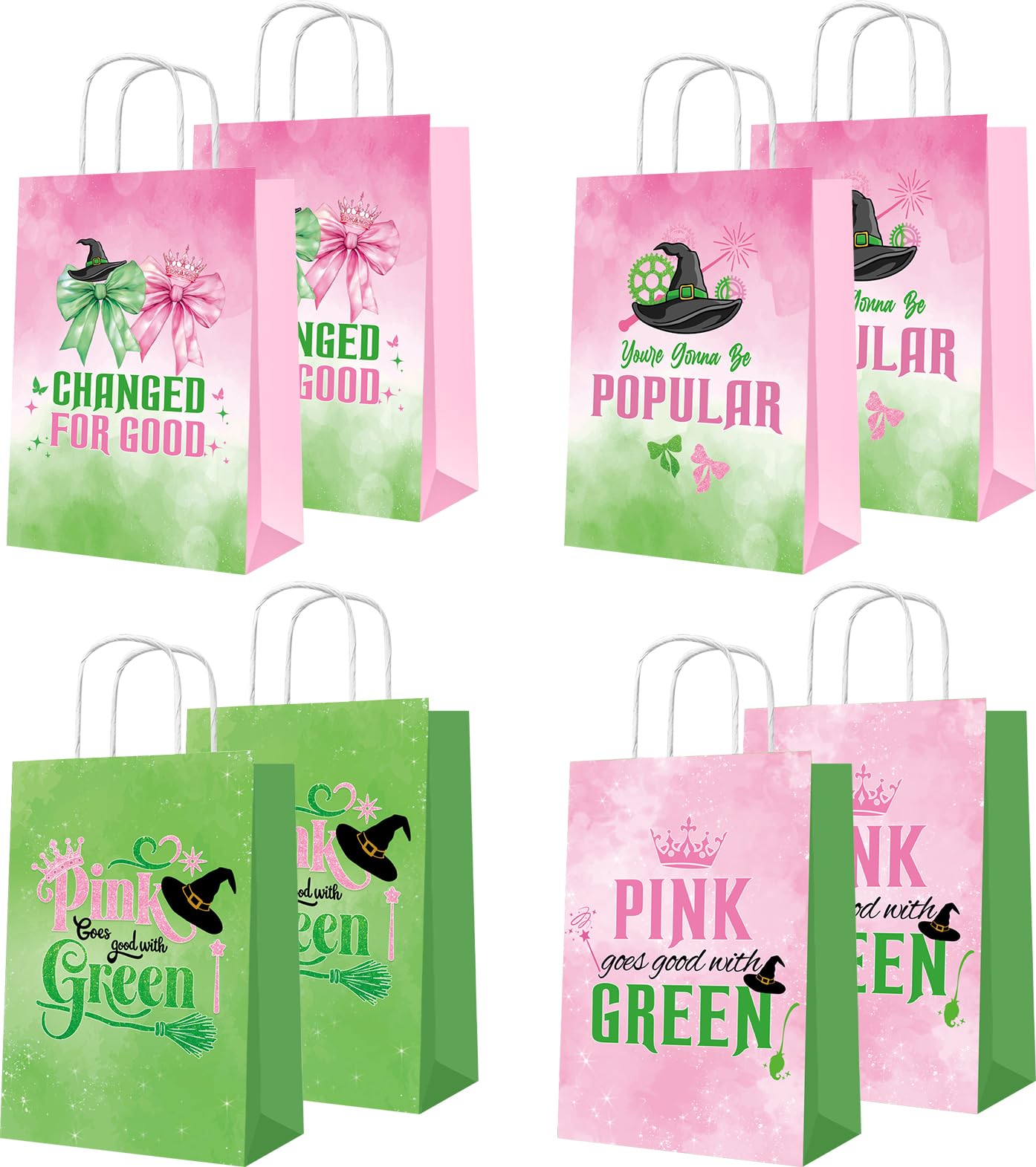 YXSJAS 16 Pcs Pink and Green Theme Party Gift Bag Bow and Wizard Hat Kraft Paper Candy Bag with Handle Bulk Pink and Green Birthday Decoration for Theme Party Supplies