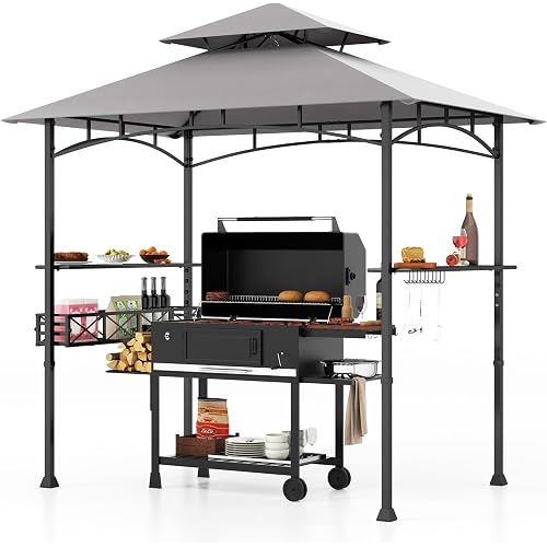 Tangkula 8x5 Ft Outdoor Grill Gazebo w/Side Awning & 2-Tier Vented Canopy