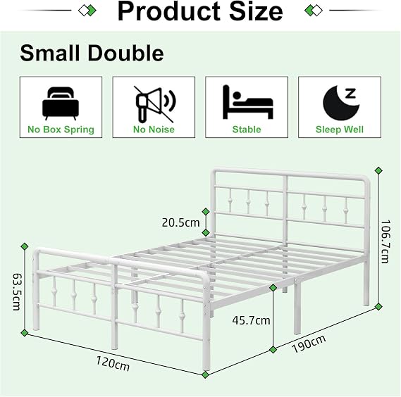 EMODA Small Double Bed Frame with Victorian Headboard, 120 x 190 cm, White