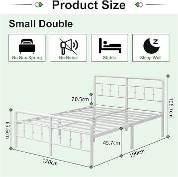 EMODA Small Double Bed Frame with Victorian Headboard, 120 x 190 cm, White