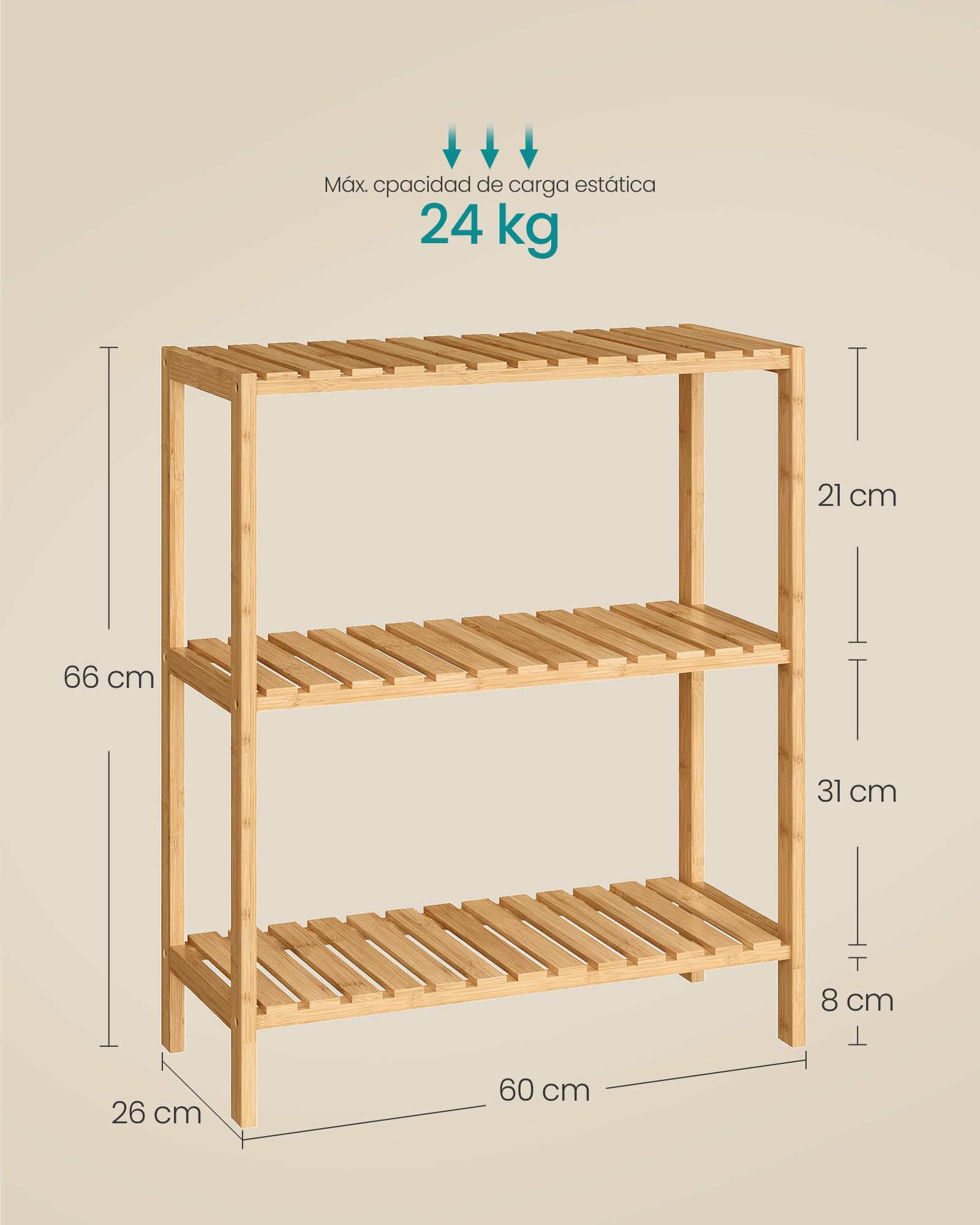 SONGMICS Estantería de Baño de Madera, Estantería Almacenaje, Estante de Plantas de 3 Niveles, para Baño, Sala de Estar, Balcón, Cocina, 26 x 60 x 66 cm, Natural BCB33Y