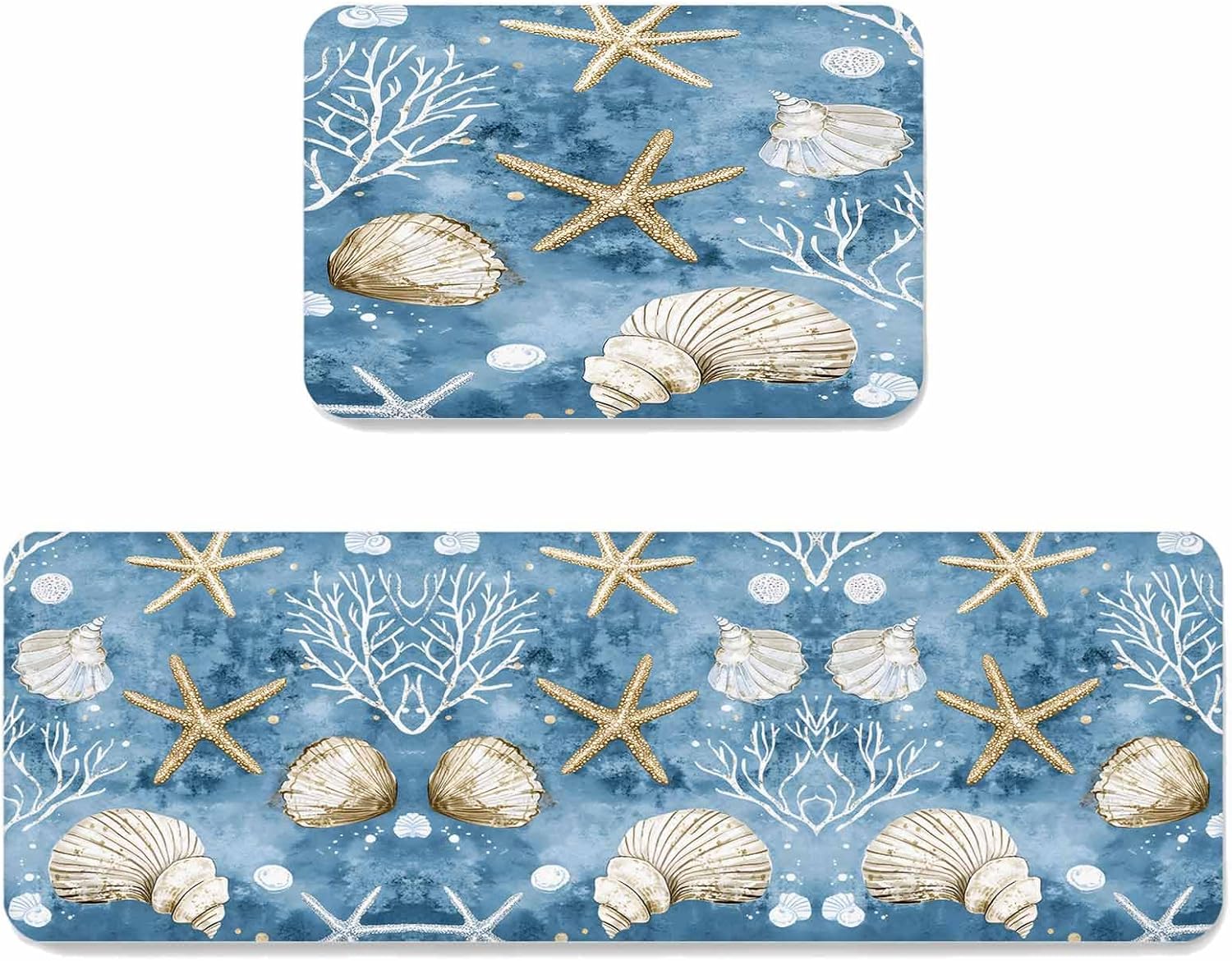 Prime Leader Summer Nautical Kitchen Mat Set 2 Pieces Conch Shell Starfish Ocean Non Slip Kitchen Rugs Washable Runner Rug Mats for Sink Laundry (19.7" x 31.5"+19.7" x 47.2")