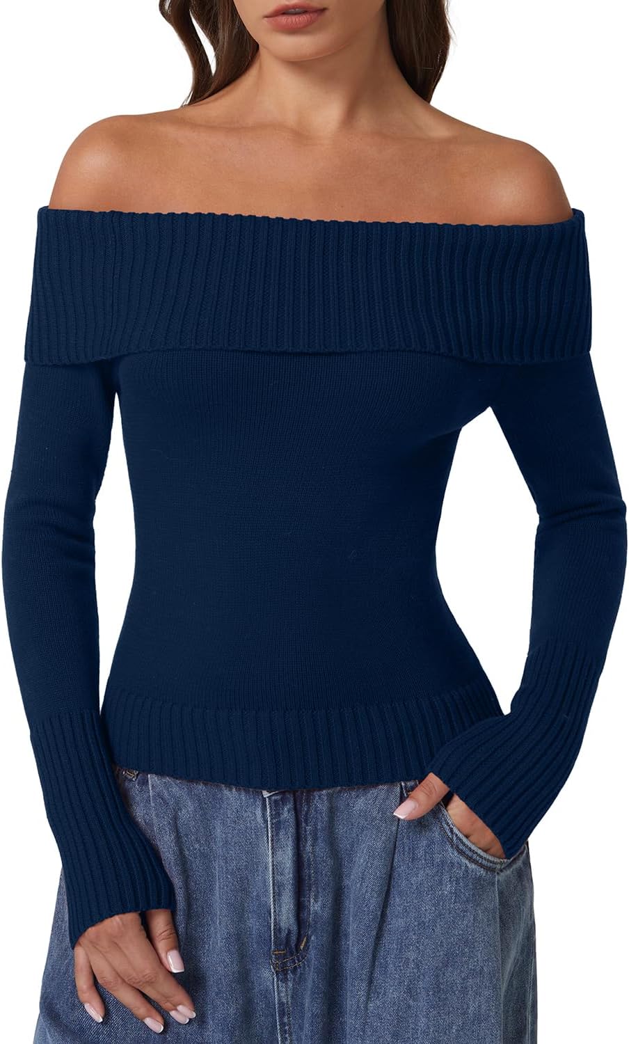 QINSEN Cotton Off The Shoulder Sweater for Women Long Sleeve Ribbed Knit Pullover Sweater Slim Fit Going Out Tops