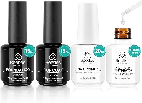 Beetles 4Pcs 15ml Base Top Coat Set with 20ml Nail Dehydrator and Primer | Professional Acid Free HEMA Free Nail Prep Set for Gel Polish Manicure with Strong Adhesion, Gift for Women