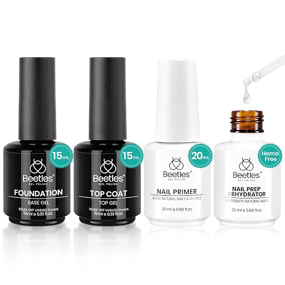 Beetles 4Pcs 15ml Base Top Coat Set With 20ml Nail Dehydrator And Primer | Professional Acid Free HEMA Free Nail Prep Set For Gel Polish Manicure With Strong Adhesion, Gift For Women