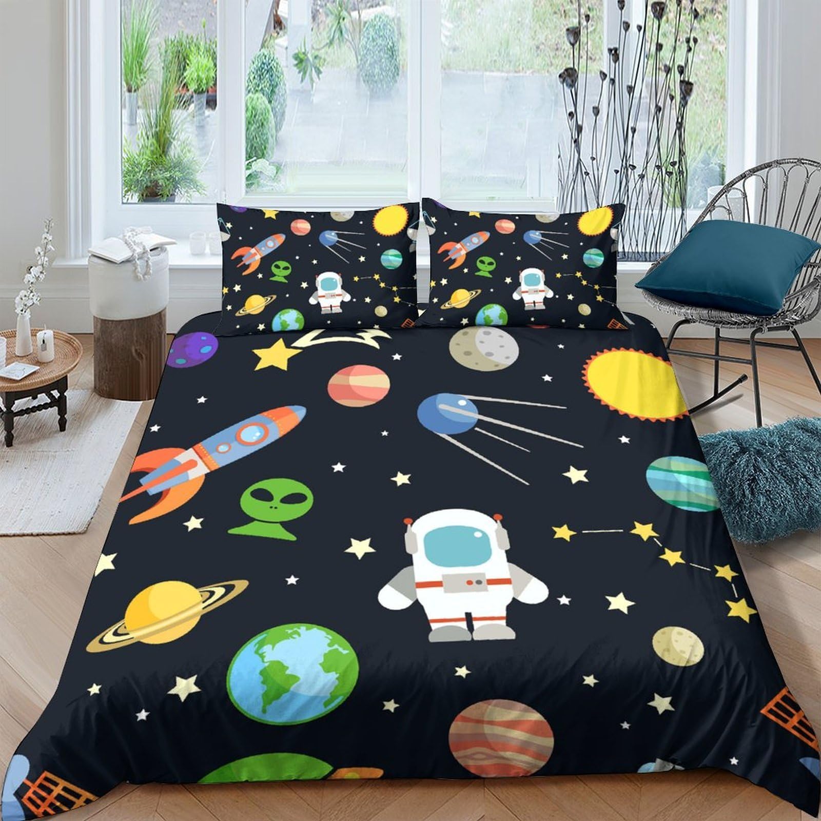 Ctjqhvkz Style-1 3D Printed Space Astronaut Fitted Sheet Microfiber Soft Colorful Planet Mattress Cover For Bedroom Dorm Decor Single（135X200cm）