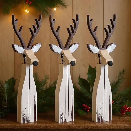 Syhood 3 Pcs Rustic Christmas Table Decorations, Wooden Reindeer Figurines