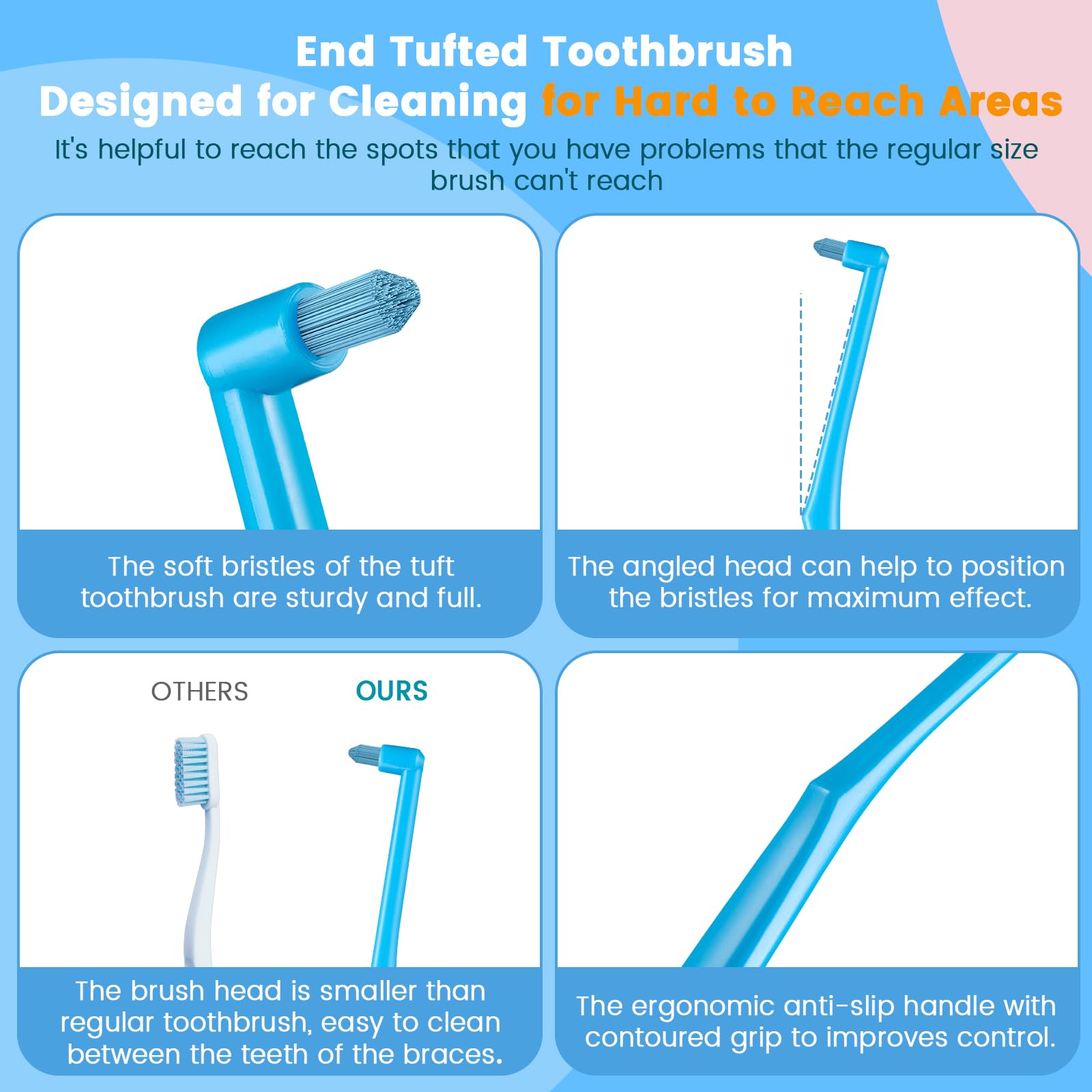 Fregum End Tuft - Cepillo de dientes para ortodoncia, cerdas suaves en ángulo | 6 piezas, para aparatos ortopédicos, implantes, retenedores, dientes traseros y muelas del juicio