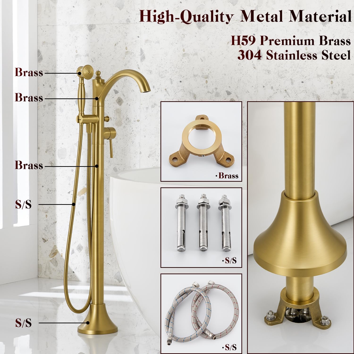 Free Standing Tub Faucet, Brushed Gold Classic Freestanding Bathtub Faucet with Vintage Hand Shower Brass High Flow Rate Floor Mount Tub Filler Swivel Spout Roman Tub Faucet Set (WT-9002BG) - Image 3