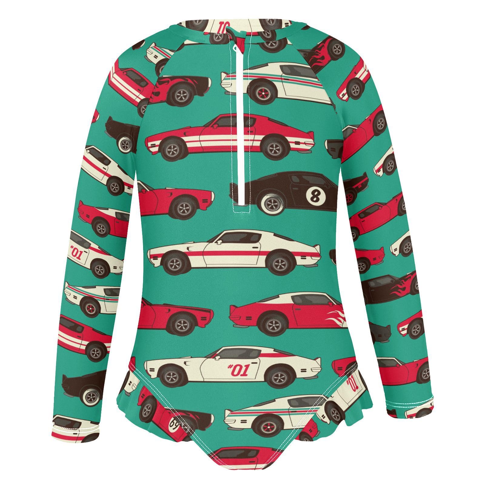 Ollabaky Baby Girls Long Sleeve Swimsuit Classic Racing Car One Piece Bathing Suit Rash Guard UPF50+ Toddler Girl Swimwear, 3T Multi