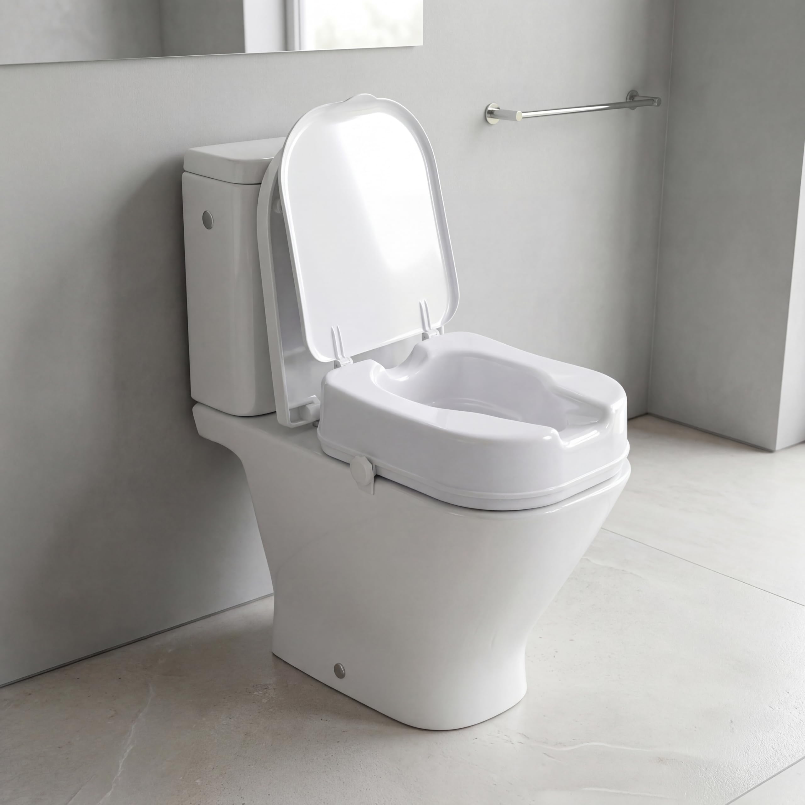 PEPE Mobility Rialzo WC per Anziani Quadrato con Coperchio (10 cm), Alzawater per Protesi Anca, Quadrata, Disabili, Bianco, Brevettato