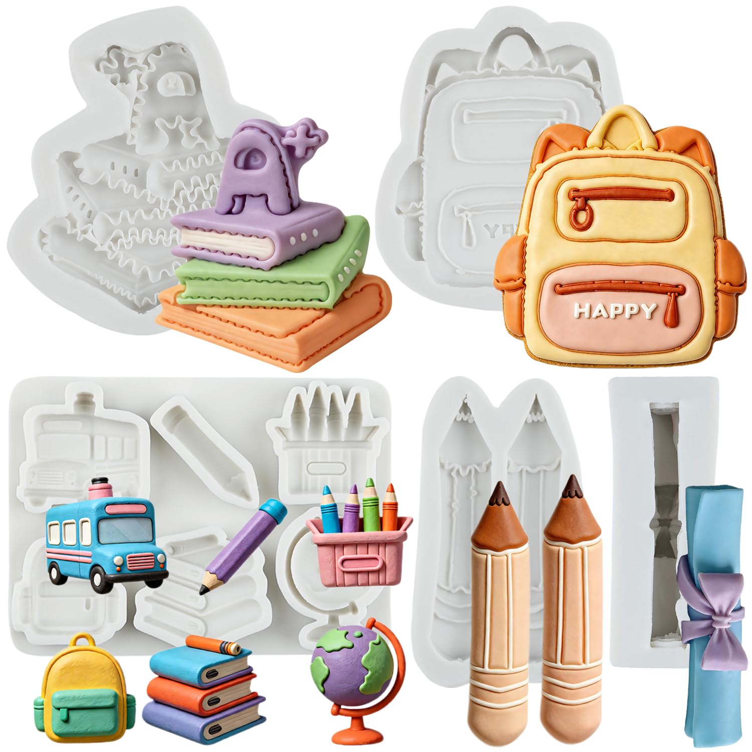 MYPRACS Back to School Silicone Molds Backpack Book Fondant Molds Set of 5