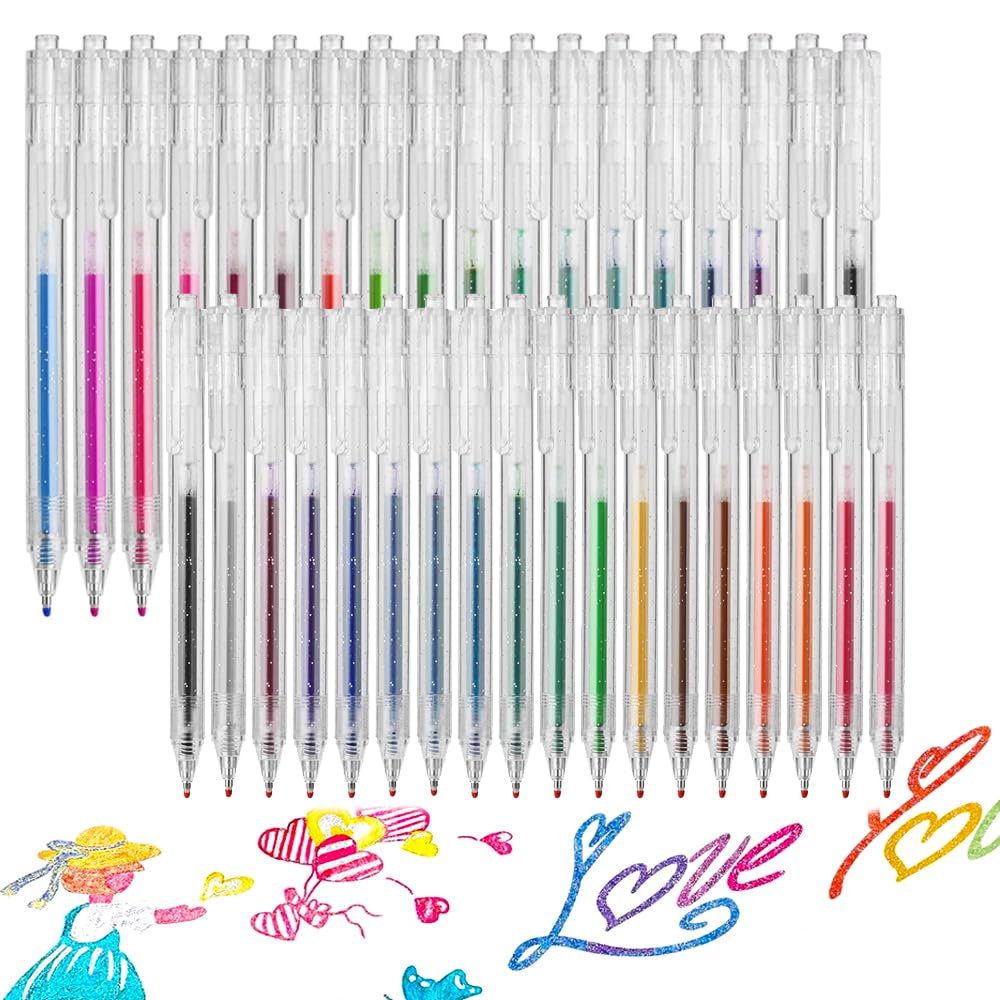 Paquete de 36 bolígrafos retráctiles de gel con purpurina, bolígrafos de tinta de gel de 1,0 mm de grosor, ideales para niñas, planificadores de diario de colores y decoraciones de calendario