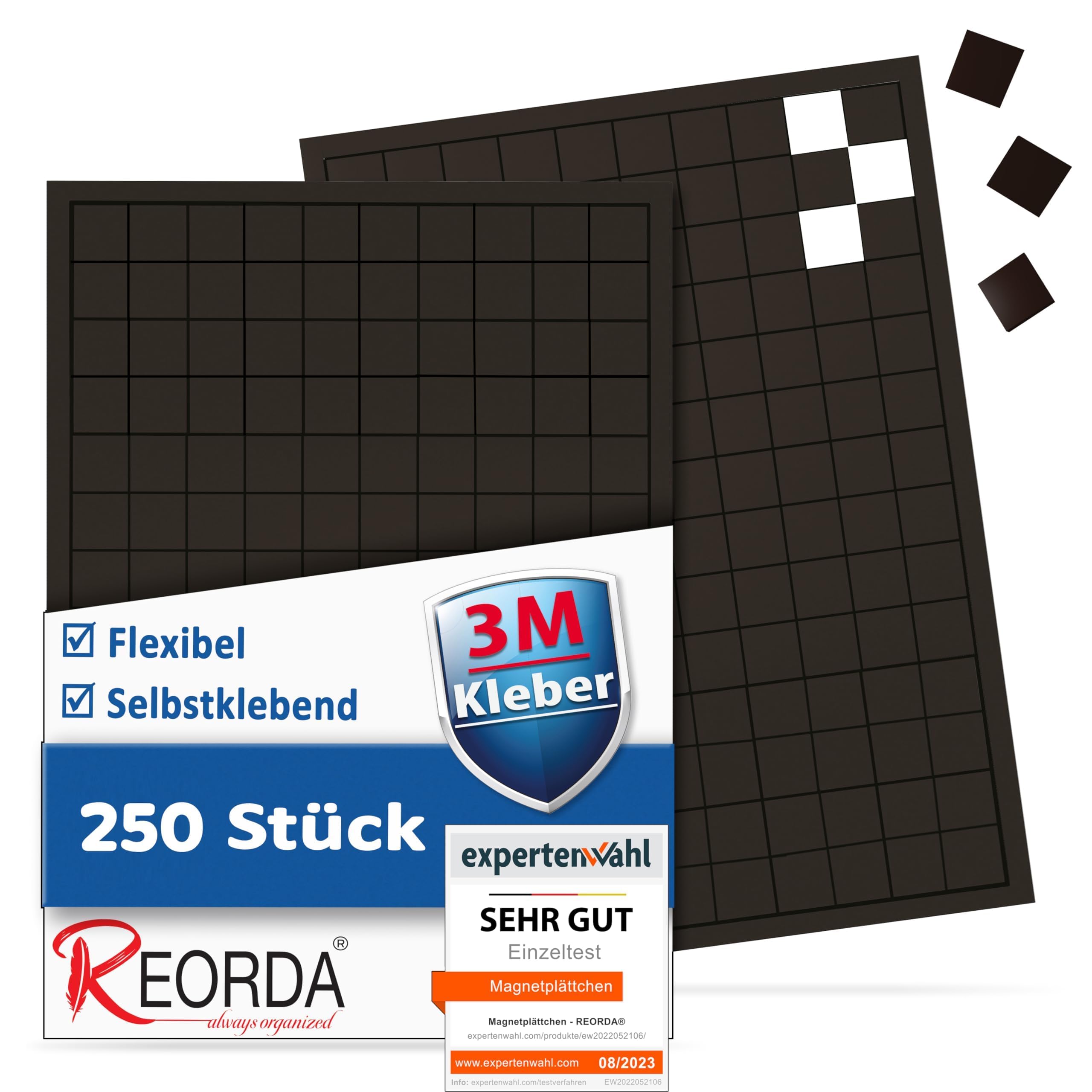 REORDA® Magnetplättchen selbstklebend (250 Stück) - Magnetstreifen - Marken-Kleber ermöglicht stärkste Klebekraft - Flache Magnete I Magnetfolie selbstklebend