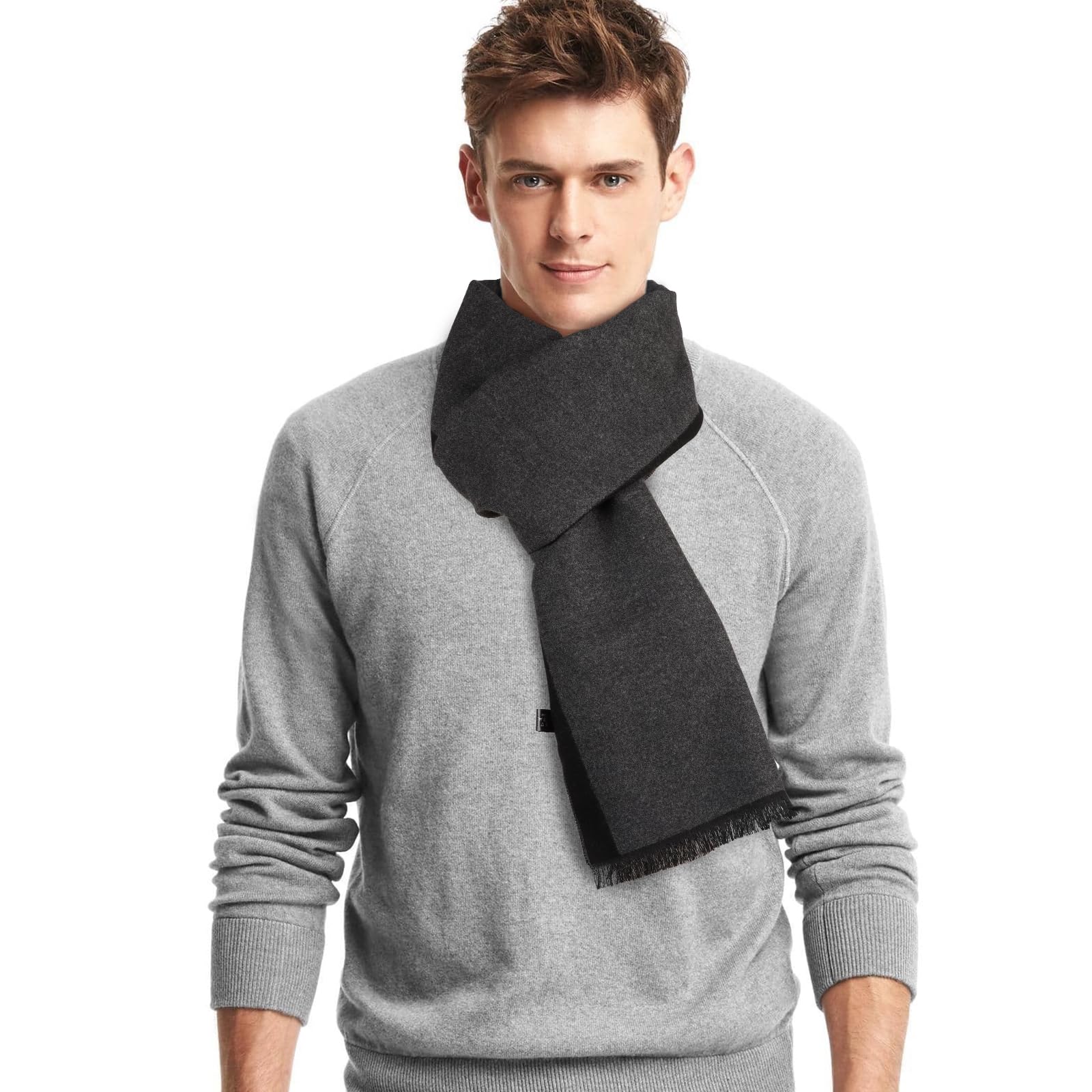 Minicoco Men's Winter Scarves - Soft, Warm Cashmere & Wool Stripe Plaid Tartan Scarf - Thick, Tassel, For Men - Black