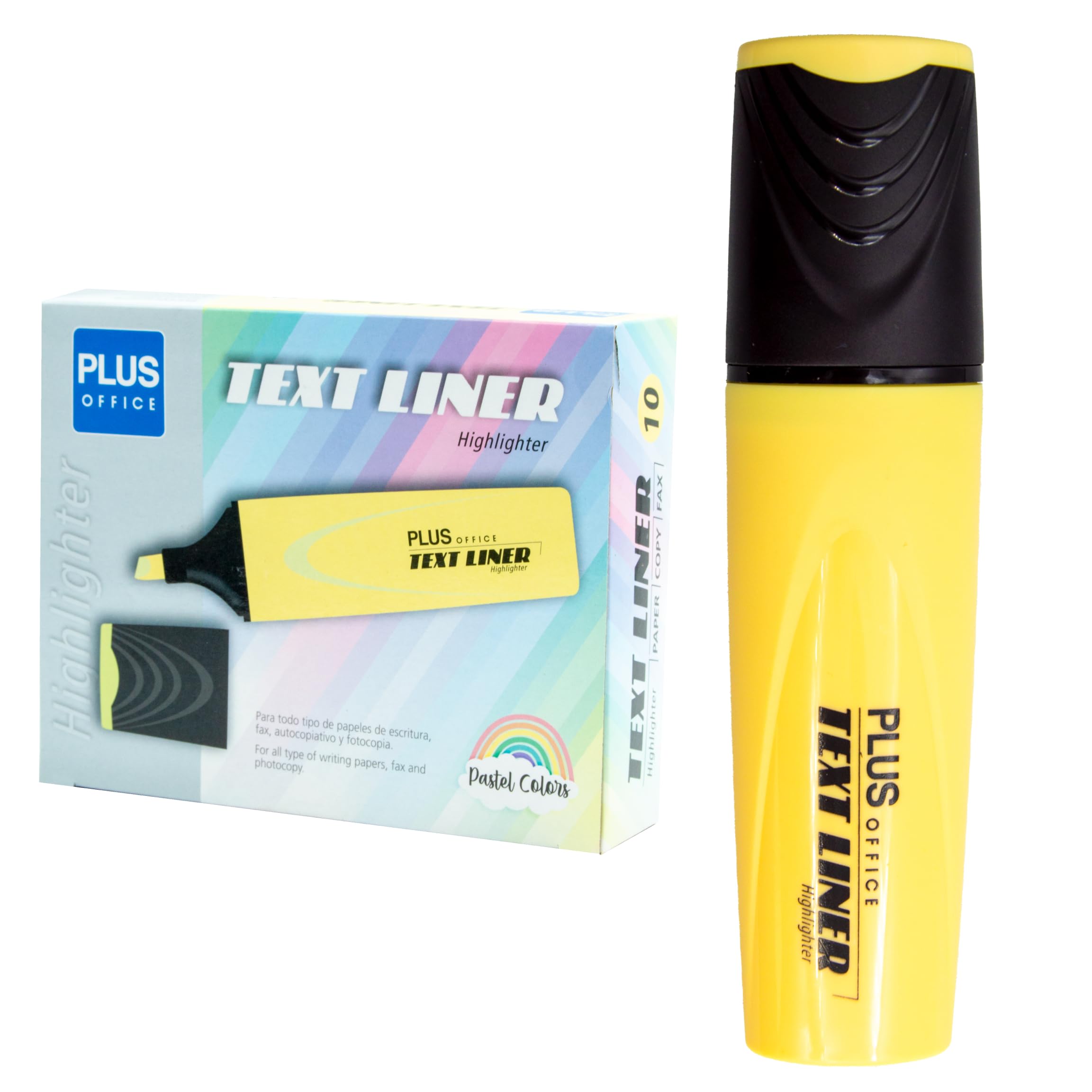 Plus Office Pastel Highlighters, Marker Pen with Beveled Tip, Pack of 10 Water-Based Phosphorescent Markers, Pastel Colour (Yellow)