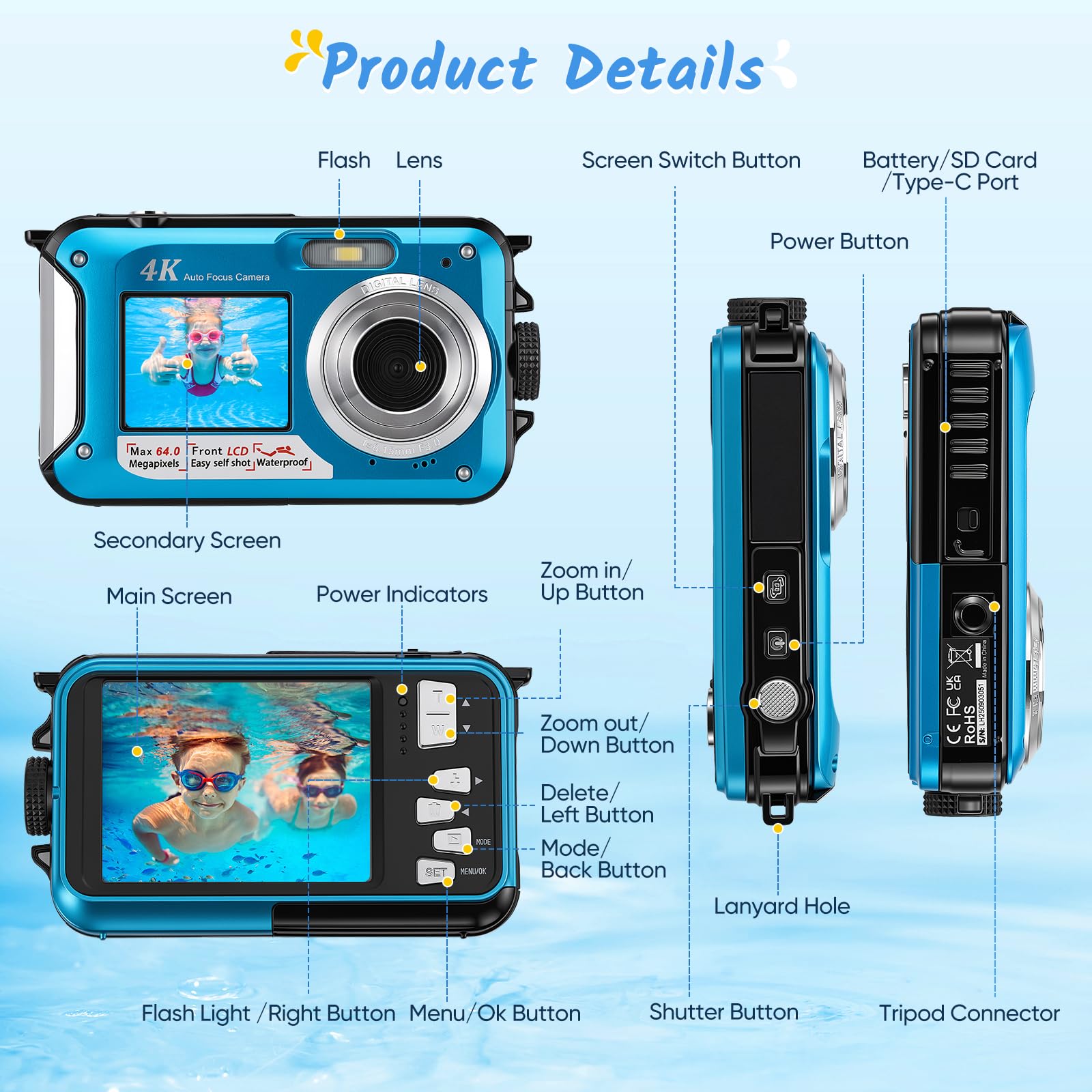Fotocamera subacquea da 64 MP con messa a fuoco automatica e video 4K, IP68 impermeabile fino a 4,9 m, fotocamera digitale con scheda da 32 GB, doppio display, zoom 16X per snorkeling, blu